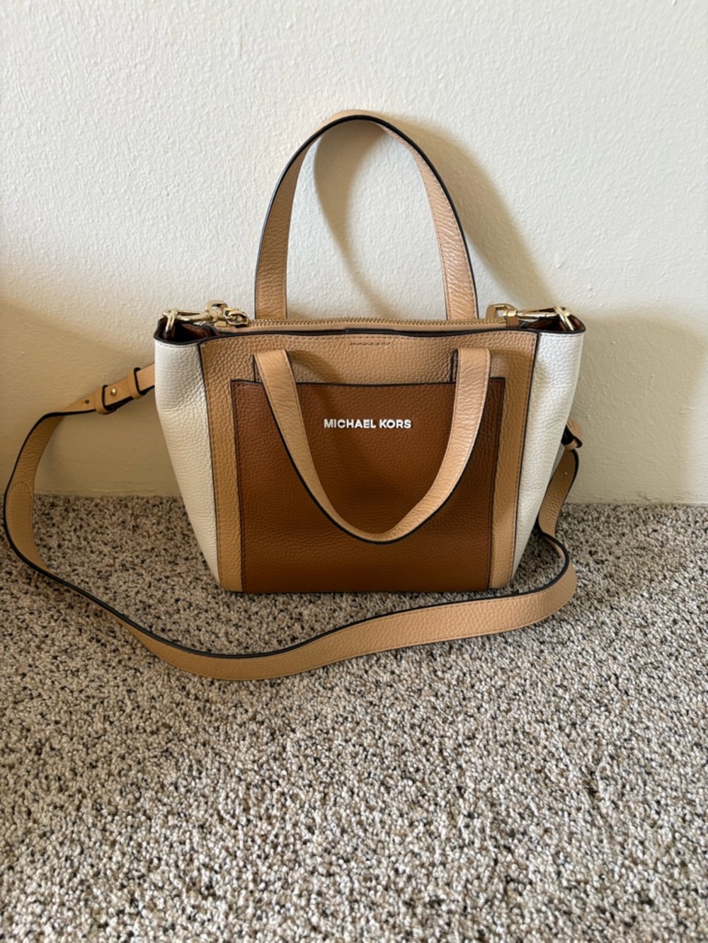 Michael Kors Tri-Tone Pebbled Leather Satchel in Brown, Cream & Tan